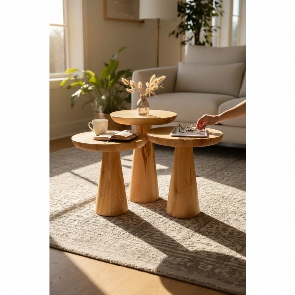 3'lü Mantar Sehpa Seti , Ahşap Mantar Sehpa